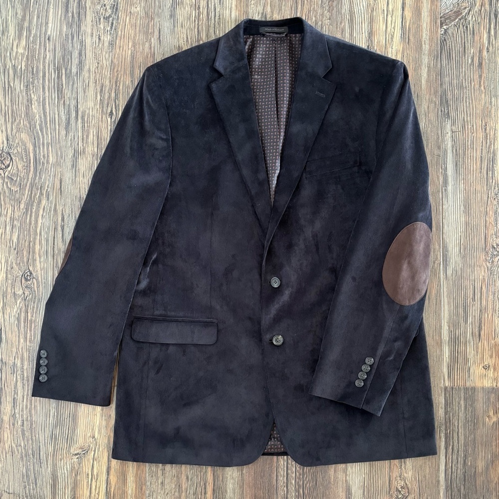 Chaps Corduroy Blazer Sports Coat Mens 44L Elbow Patches Black Paisley Lining
